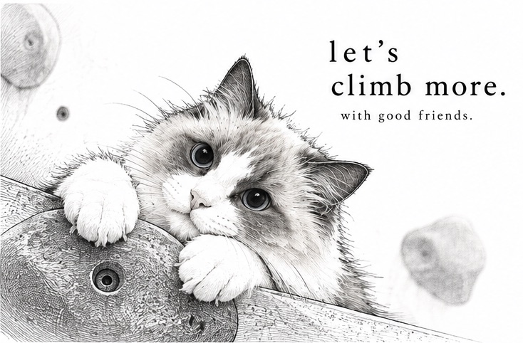 ホールドにつかまって顔をのぞかせる猫のイラスト。let’s climb more. with good friends.